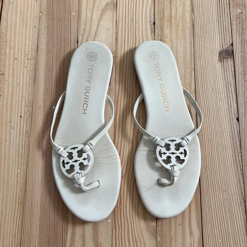 Tory Burch Miller Sandal Cream Leather Logo Thong Flats Women 9 Off White slipon